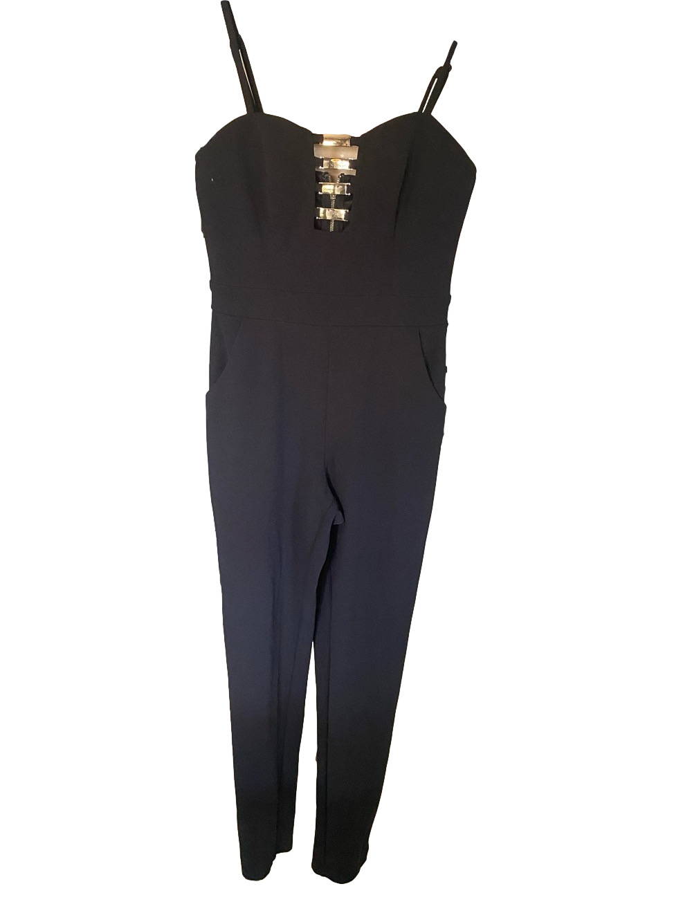 G by Guess Black Strappy Jumpsuit with Gold Front Bars gb3